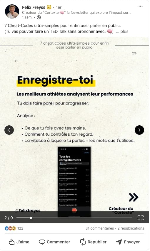 Un post Facebook donnant des conseils pour améliorer sa prise de parole en public grâce à l'auto-enregistrement