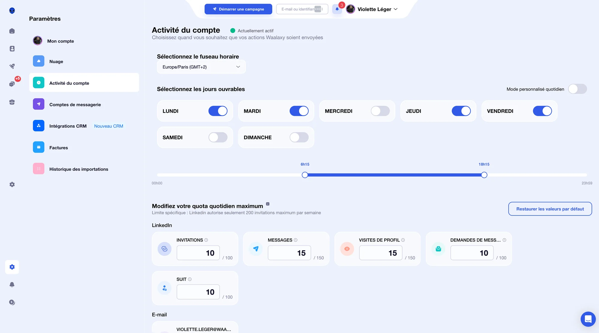 Paramètres d'activité LinkedIn avec options de limitation quotidienne et hebdomadaire