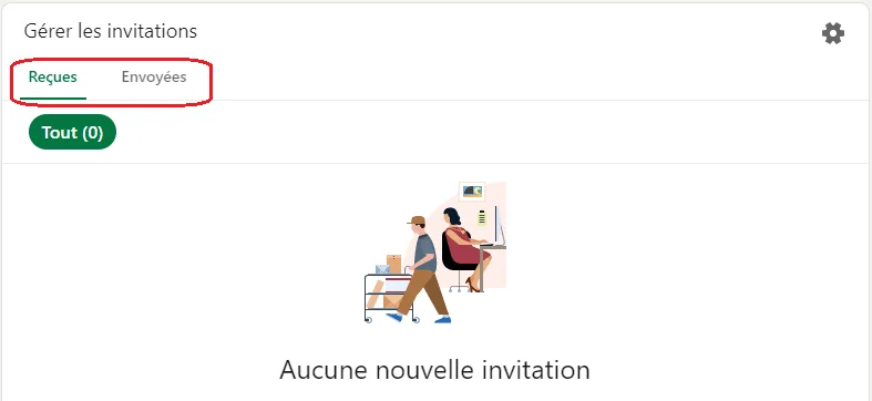 Onglets des invitations reçues et envoyées avec illustration de bureau vide