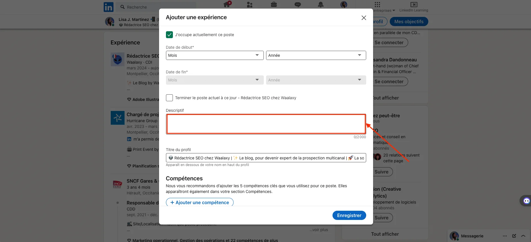 Ajouter un emploi, une expérience, une promotion sur LinkedIn : le descriptif du poste.