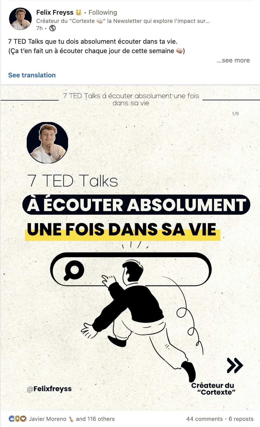 Tweet recommandant 7 TED Talks à écouter, avec illustration d'une personne à la loupe