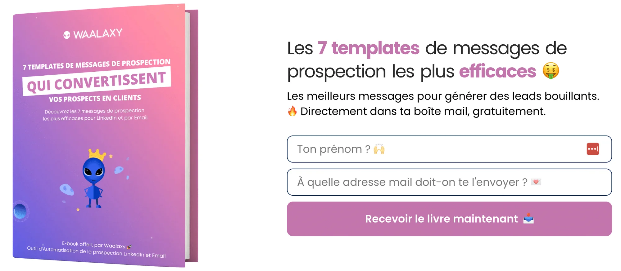 Couverture violet et alien bleu de l'ebook "7 templates de messages de prospection qui convertissent"