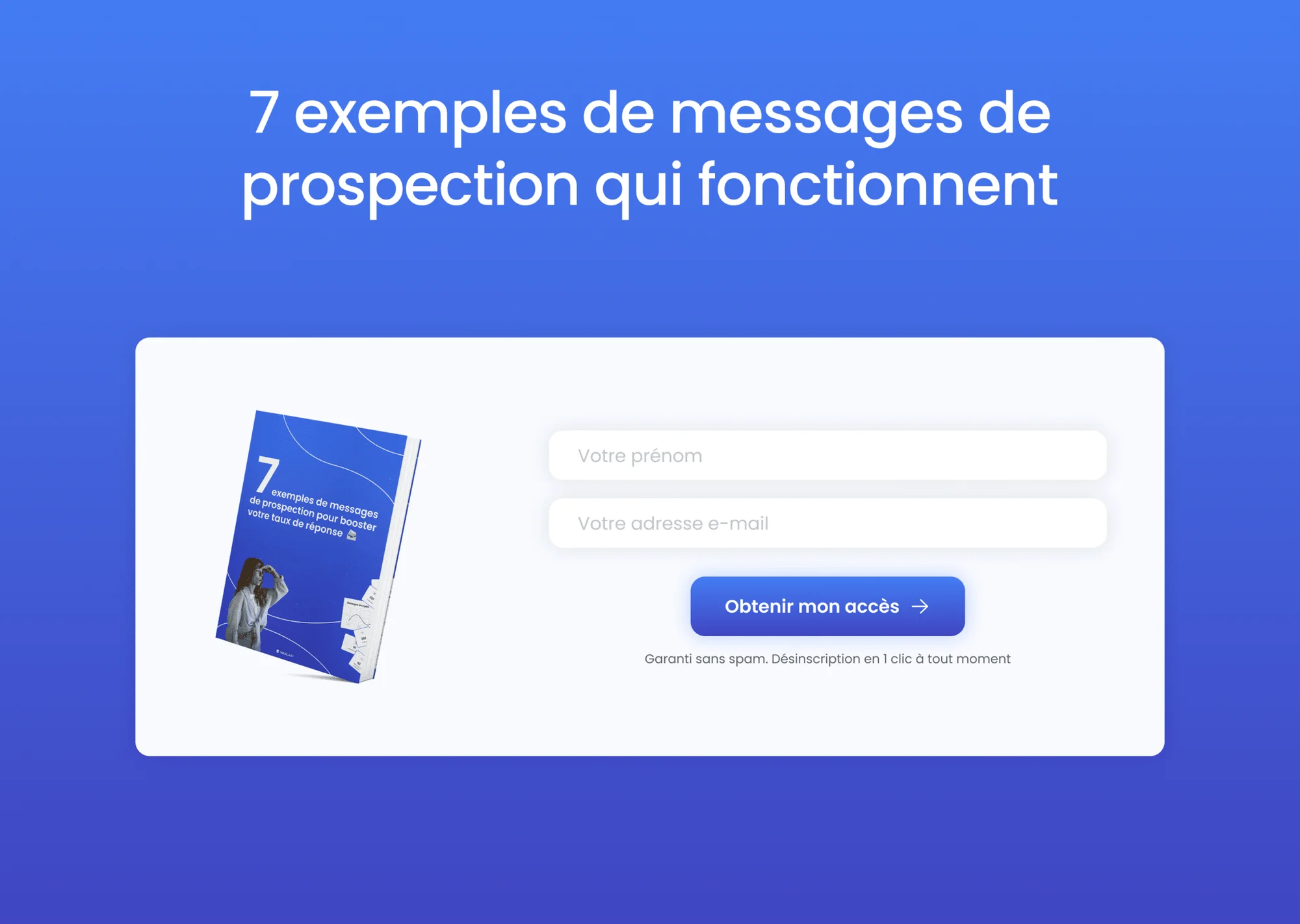 Page web avec 7 exemples de messages de prospection et formulaire d'inscription