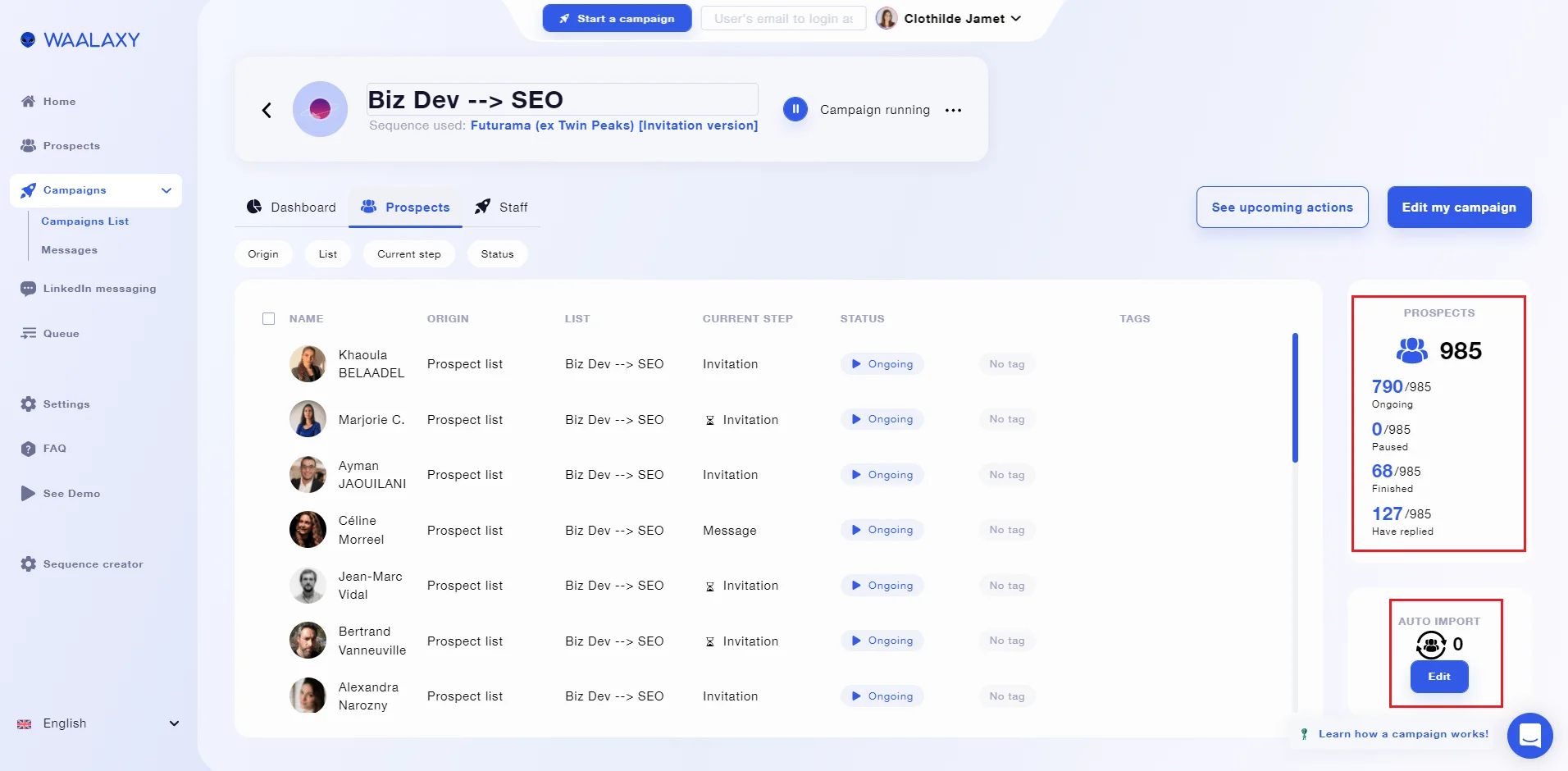 Tableau de bord prospects campagne Waalaxy biz dev SEO