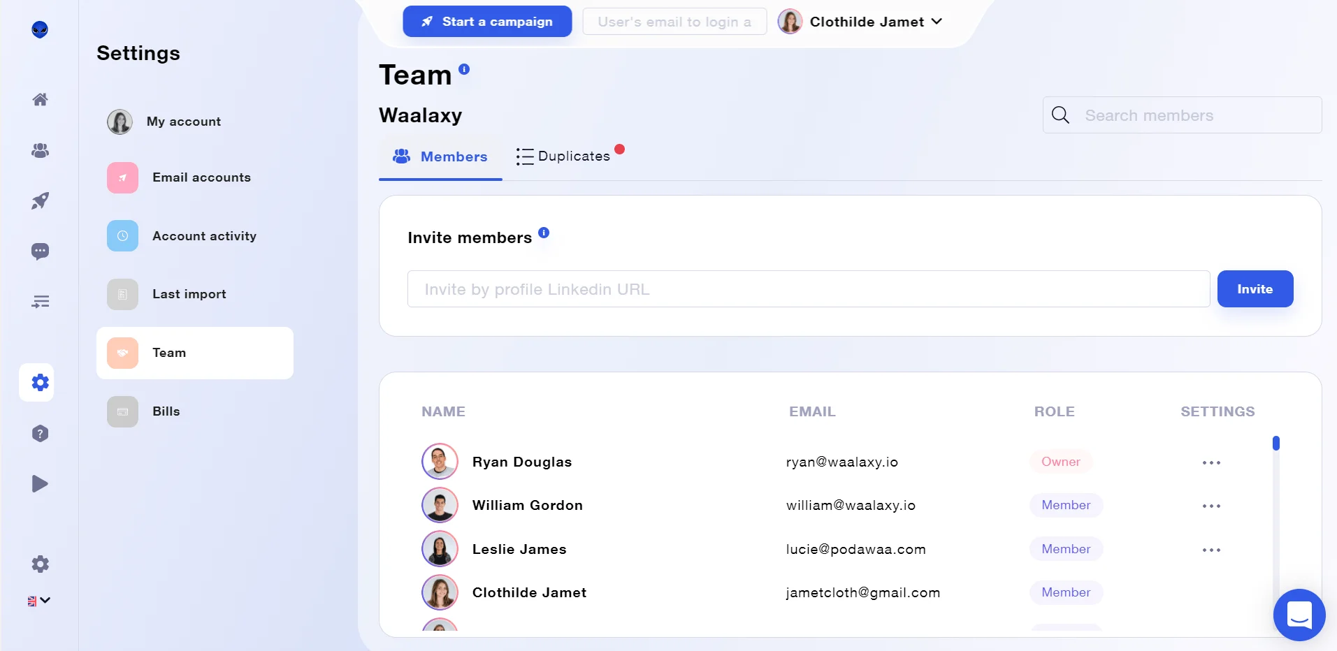 Interface paramètres membres équipe Waalaxy