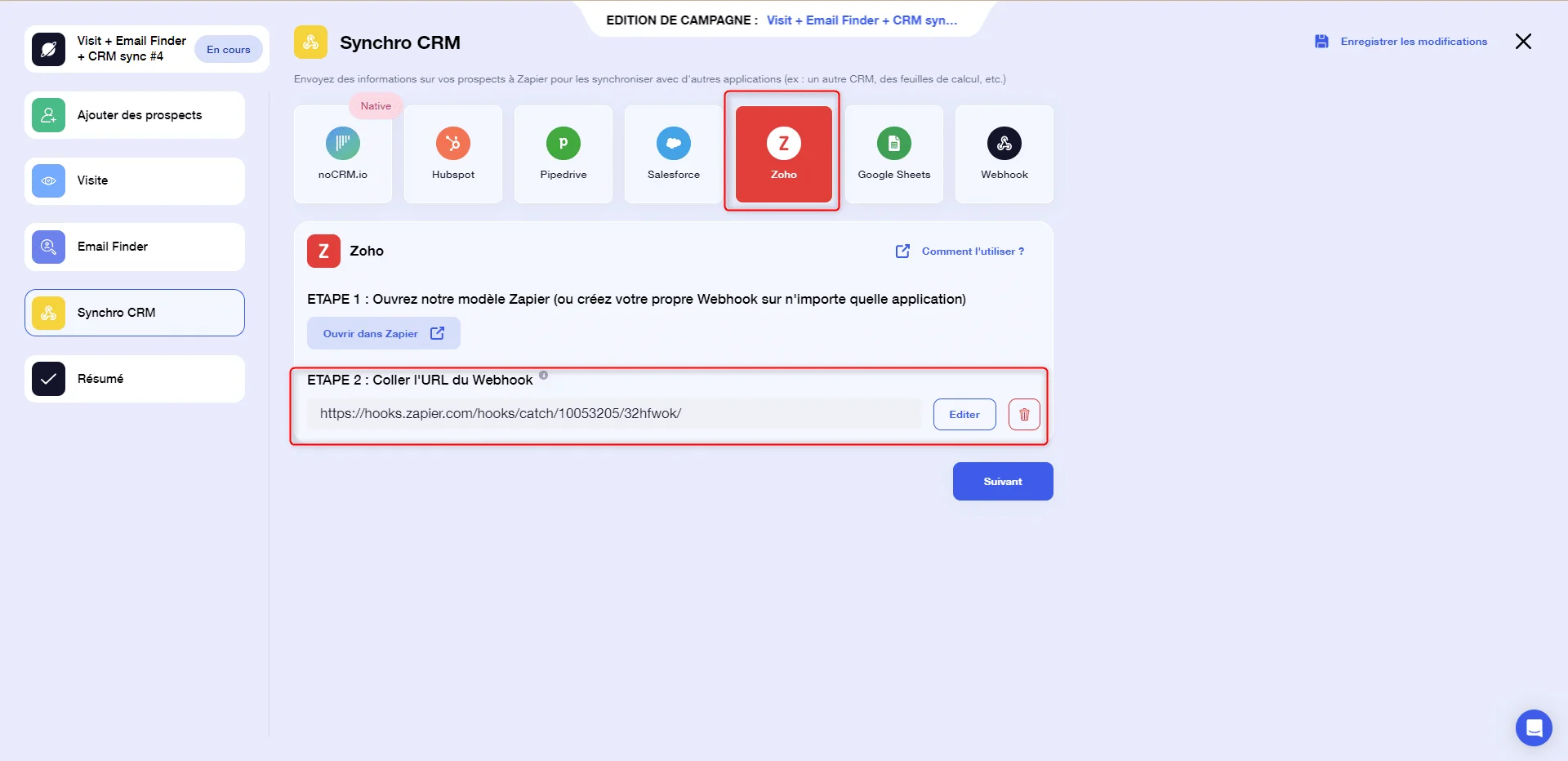 Champ URL Zapier avec bouton Valider pour configuration de campagne CRM