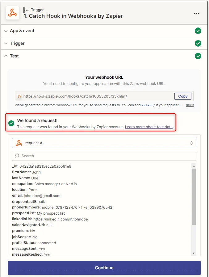 Webhook Zapier avec détails de requête et confirmations vertes