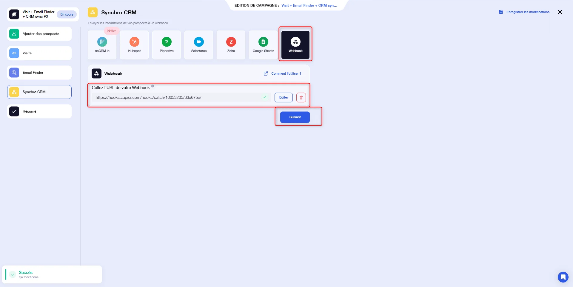 Interface de synchronisation CRM avec champ URL sélectionné et bouton Synchroniser