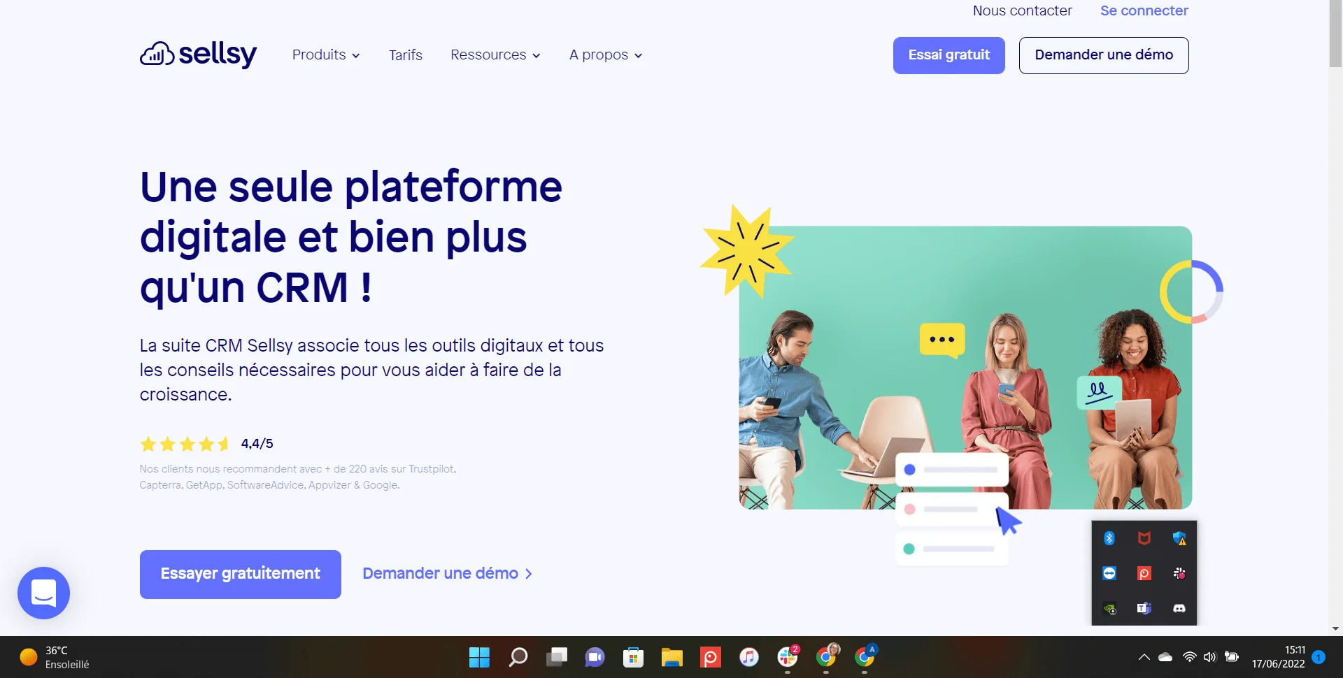 Interface Sellsy avec CRM, trois personnes et note 4.4/5 étoiles