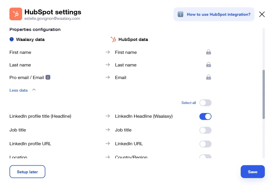 Configuration des propriétés et intégrations LinkedIn/Waalaxy dans HubSpot