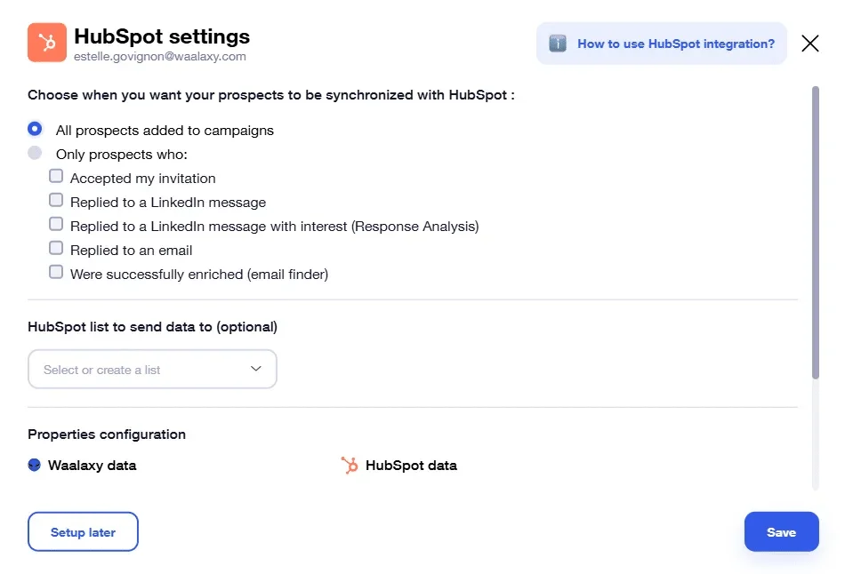 Page des paramètres de synchronisation HubSpot pour les prospects et l'exportation de données