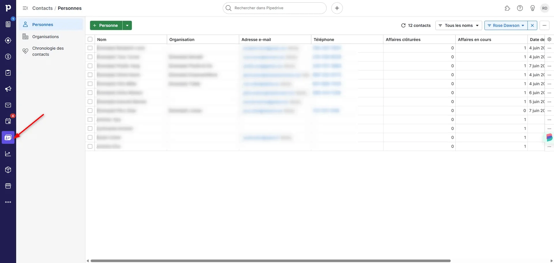 Pipedrive Contacts tab
