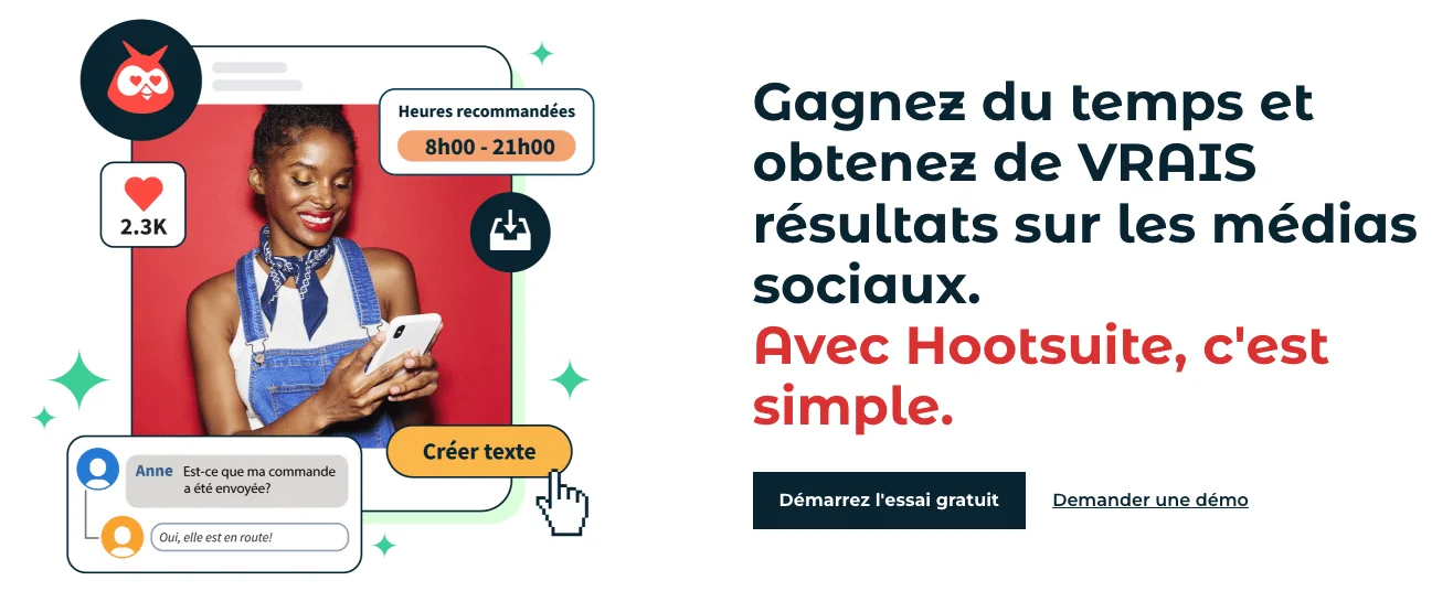 Femme souriante avec smartphone affichant un chatbot de gestion de contenu Hootsuite