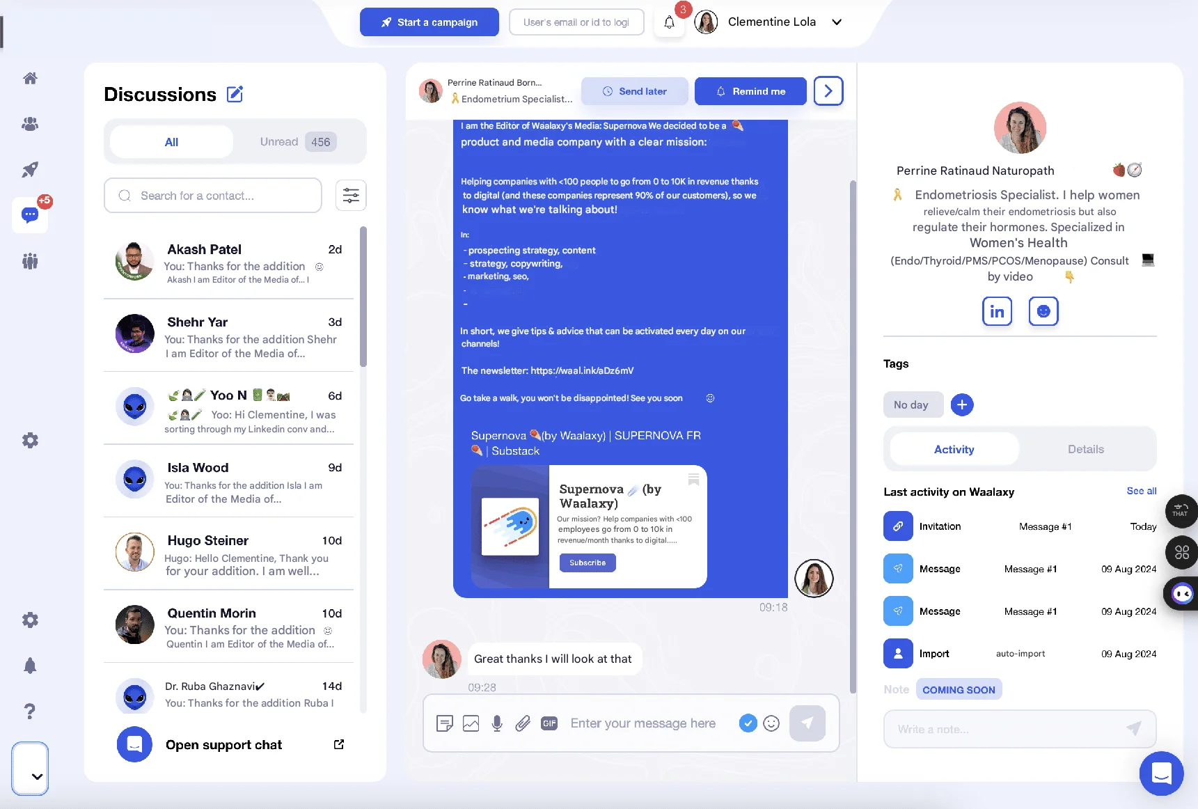 Inbox Waalaxy para gestionar las respuestas de los clientes potenciales.