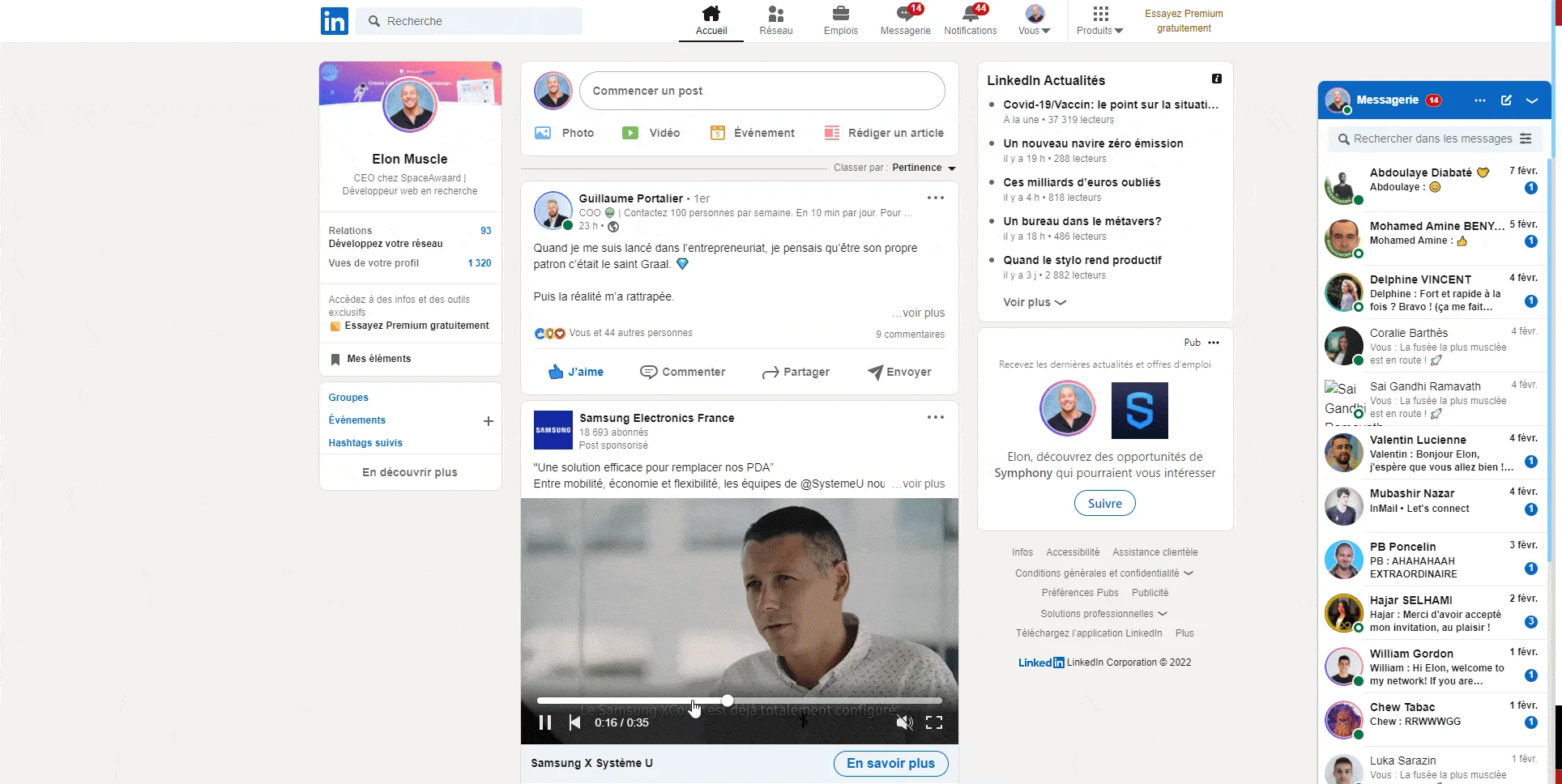 Page LinkedIn avec profil d'utilisateur, publications, commentaires et articles.