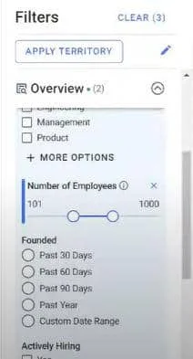 Interface de filtre d'entreprise avec nombre d'employés ajustable entre 101 et 1000.