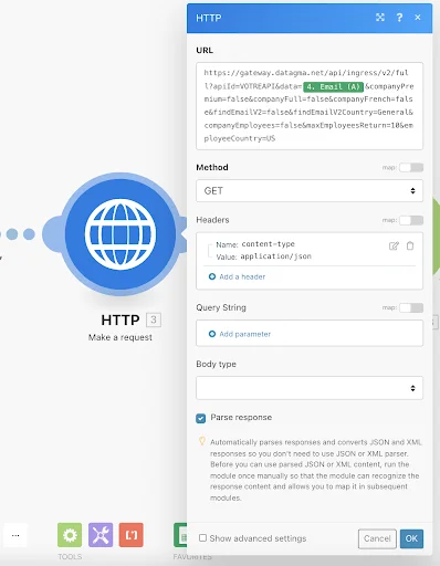 Interface d'URL et paramètres HTTP pour l'API DataGNA.