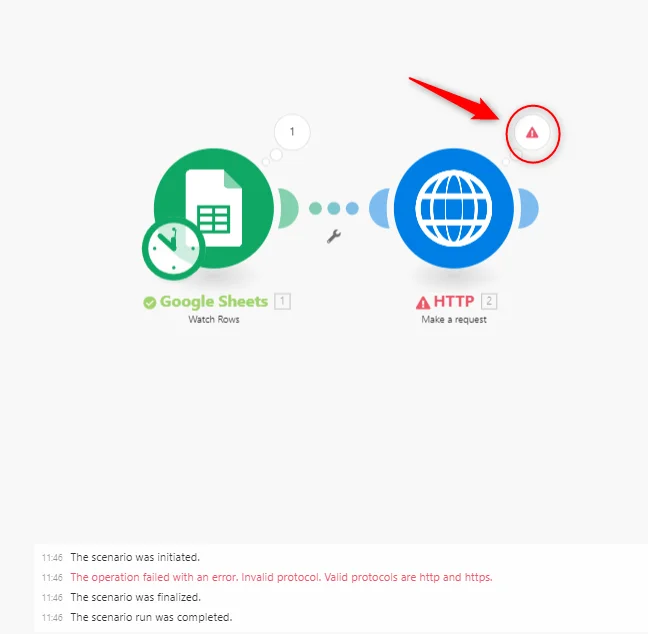Gestionnaire de flux Google Sheets vers HTTP, erreur protocole invalide.