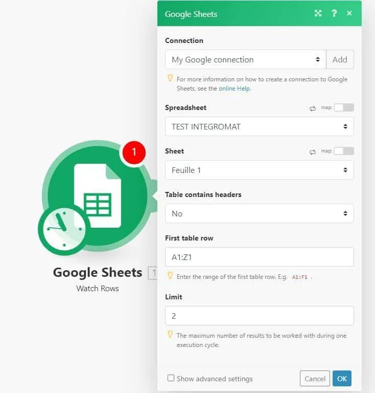 Interface Google Sheets avec paramètres d'extension pour surveillance des lignes.