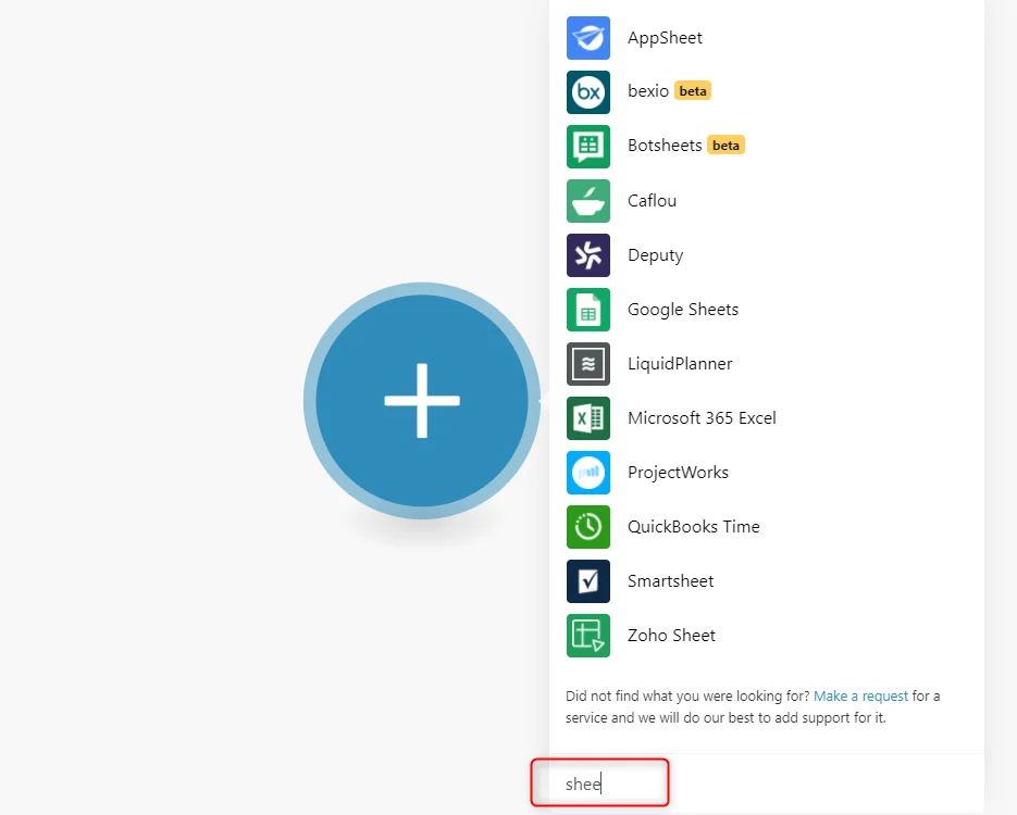 Interface de gestion des applications sheet avec barre de recherche et bouton d'ajout