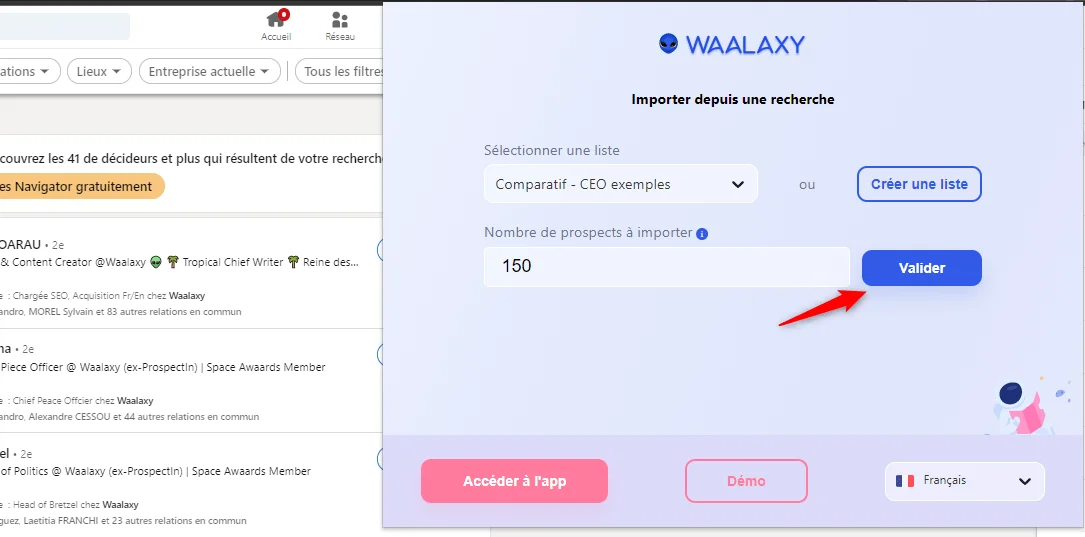 Importation de contacts Waalaxy avec sélection de liste et validation