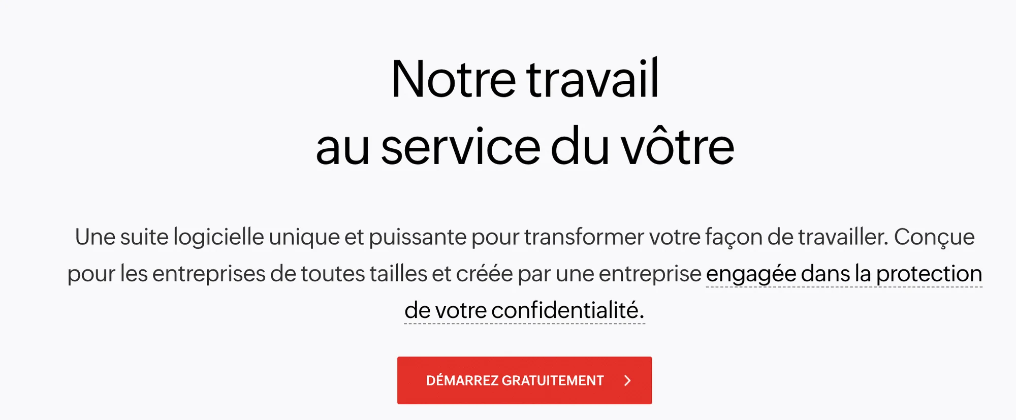 Banneau promotionnel pour une suite logicielle avec titre blanc, description des avantages et bouton d'inscription gratuite