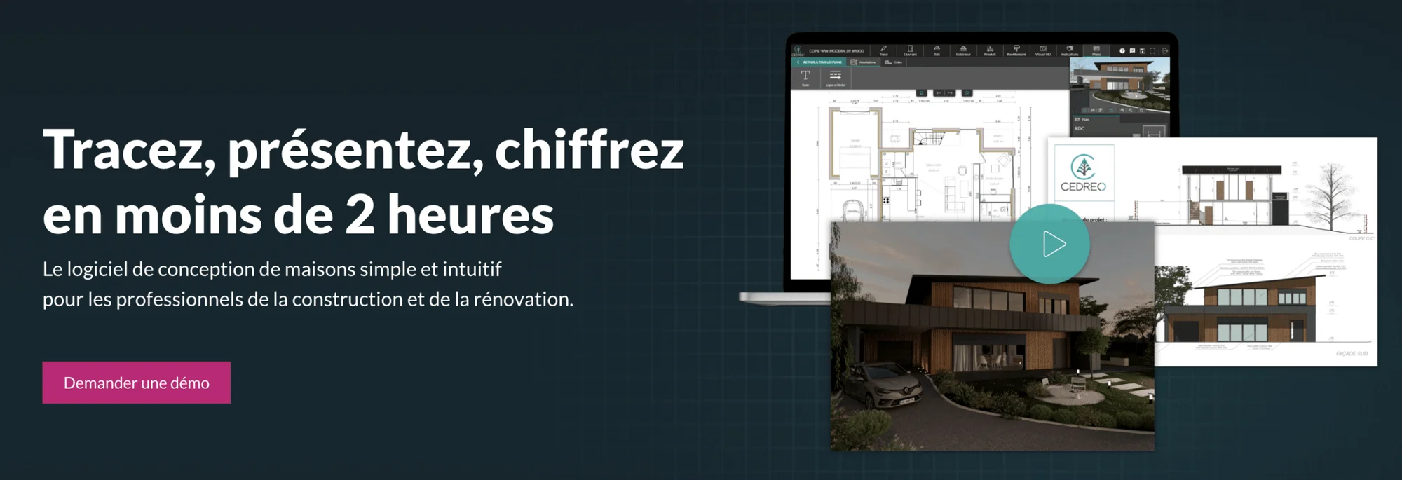Logiciel d'architecture 3D affichant une maison moderne avec plans et interface de conception