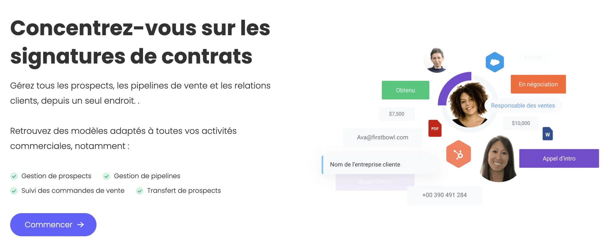Tableau de bord de gestion de prospects avec pipeline de ventes et options de transfert