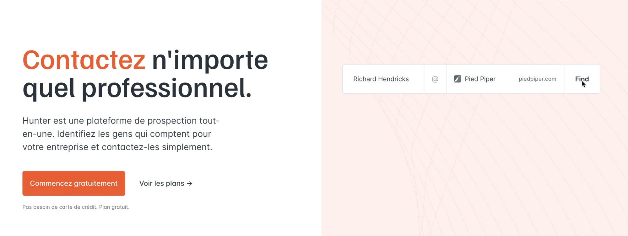 Page d'accueil Hunter : moteur de recherche d'email professionnels avec champs nom et adresse, bouton "Commencer gratuitement"