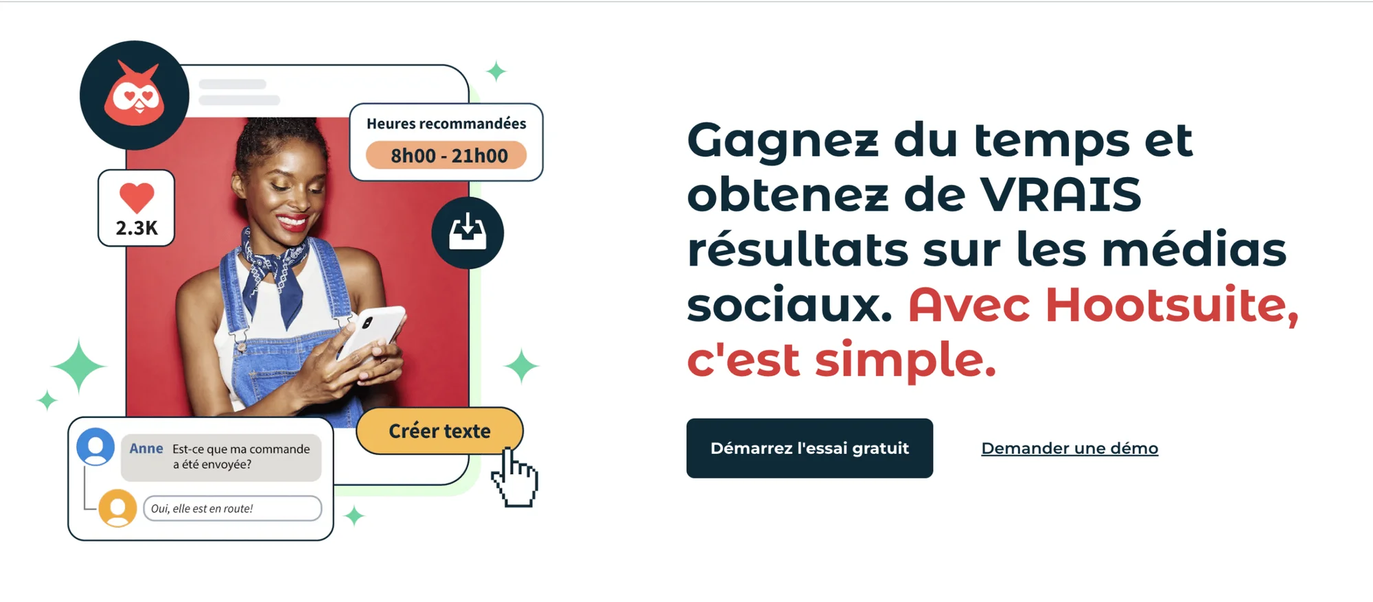 Femme tenant un smartphone pour créer du contenu sur Hootsuite