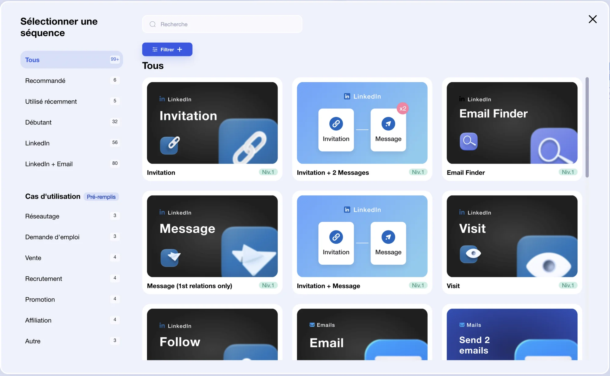 Options de gestion des contacts LinkedIn : inviter, envoyer un message, suivre, visiter le profil et trouver un email