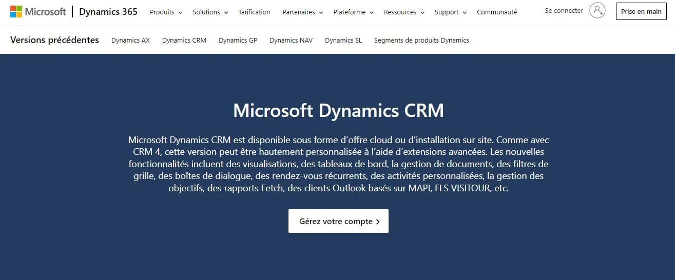 Interface Microsoft Dynamics CRM avec menu de navigation et option de gestion de compte