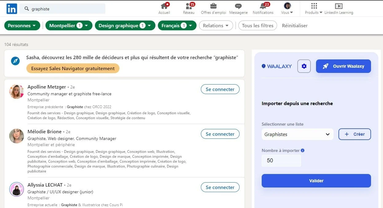 Résultats LinkedIn de 50 graphistes à importer