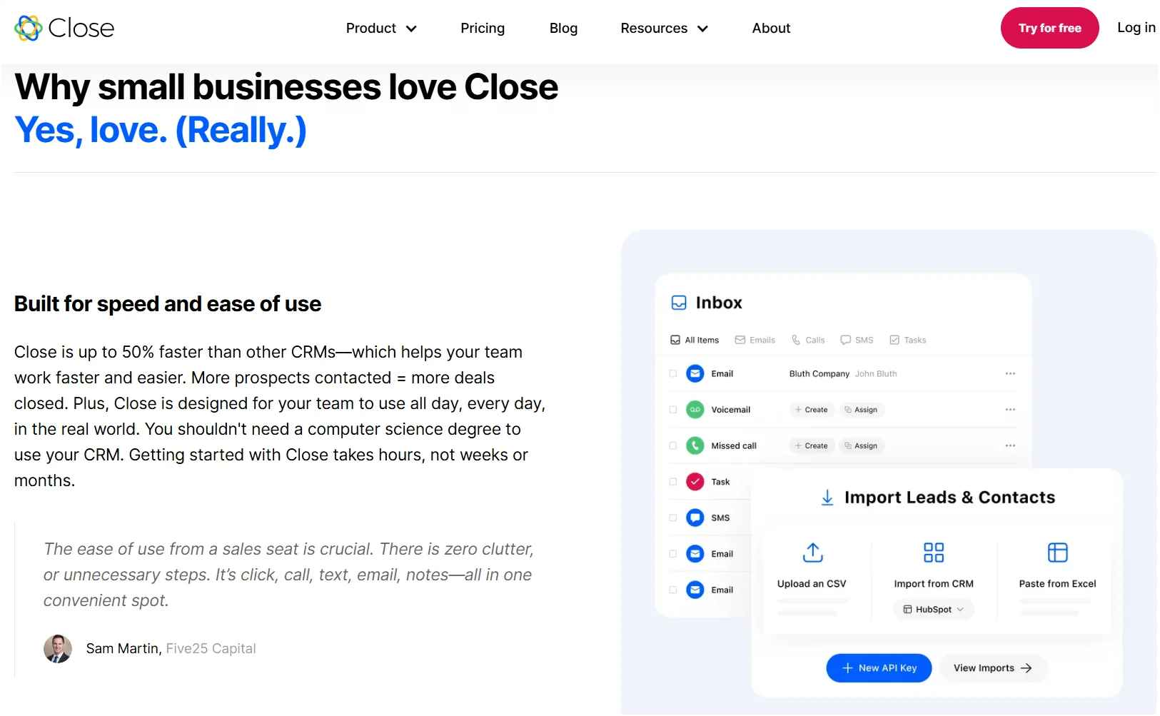 Page d'accueil de Close CRM montrant les bénéfices pour petites entreprises, vitesse et gestion des contacts simplifiée