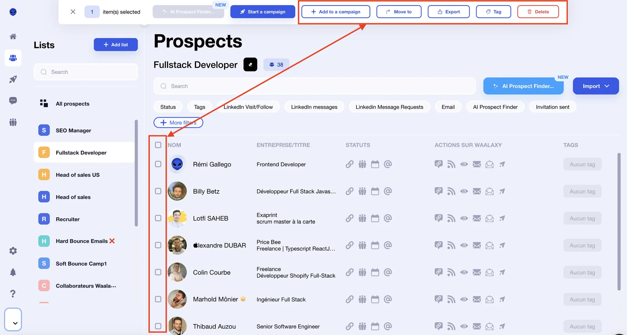 Import contacts as a list in Waalaxy.
