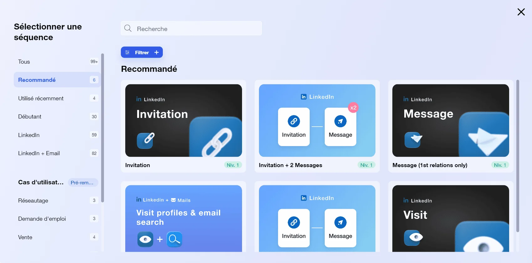 Page LinkedIn avec recommandations pour inviter des contacts et envoyer des messages