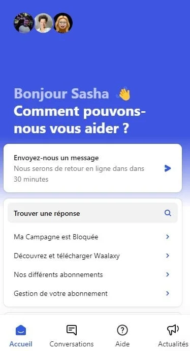 Message d'assistance Waalaxy : campagne bloquée de Sasha