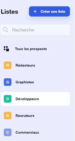 Listes de rôles professionnels (prospects, rédacteurs, graphistes, développeurs, recruteurs, commerciaux) avec barre de recherche et création de liste