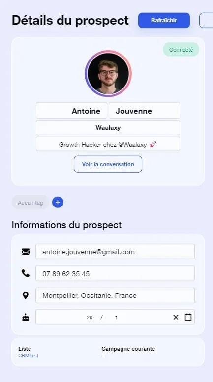 Profil prospect Antoine Jouvenne chez Waalaxy avec coordonnées et informations de contact