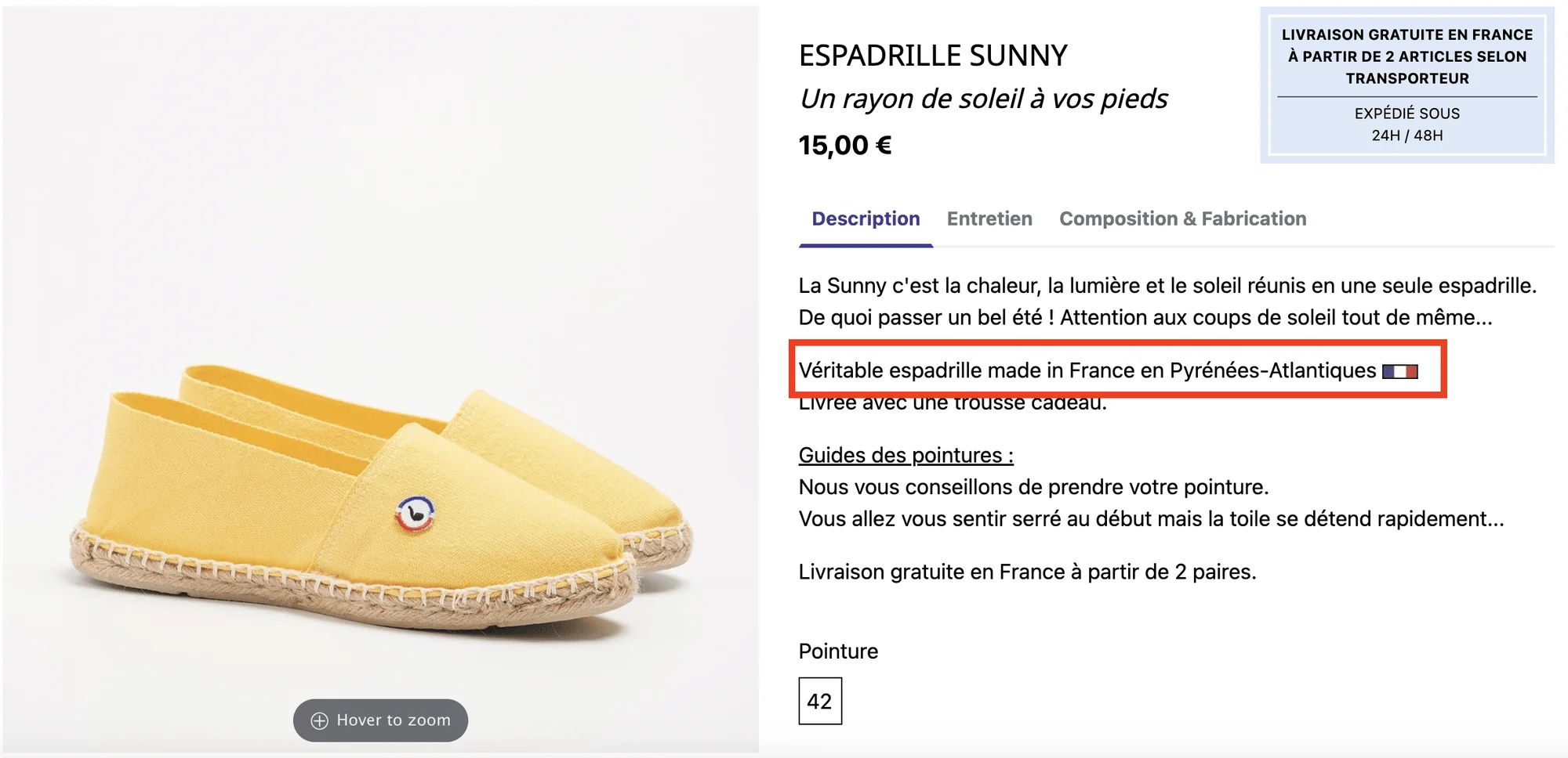 Espadrille Sunny jaune, fabrication française, 15 € en taille 42