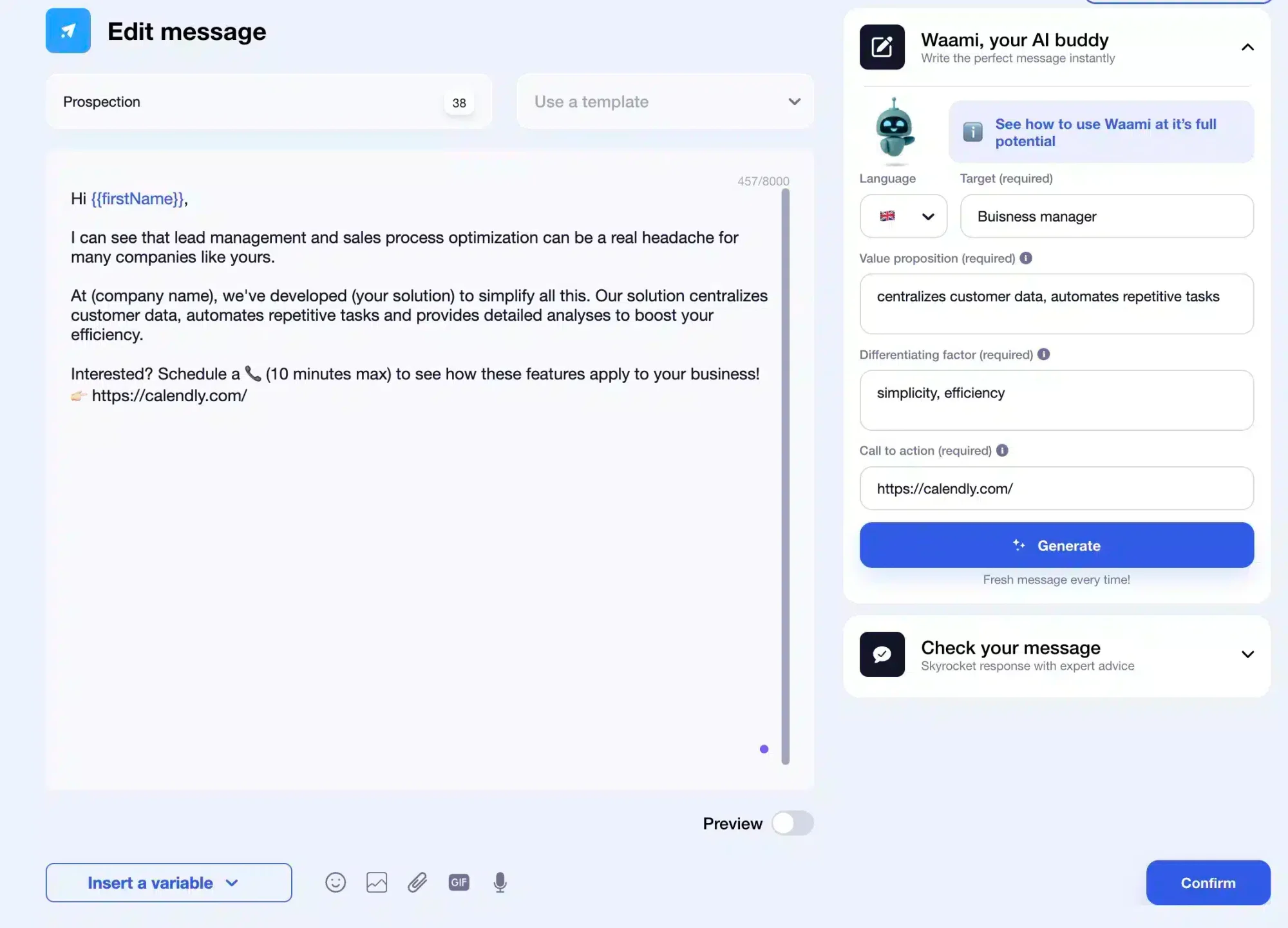 Beispiel einer personalisierten B2B-Verkaufs-E-Mail von Waami AI in Waalaxy