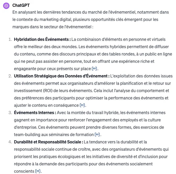 Document avec points numérotés sur les tendances du marché événementiel