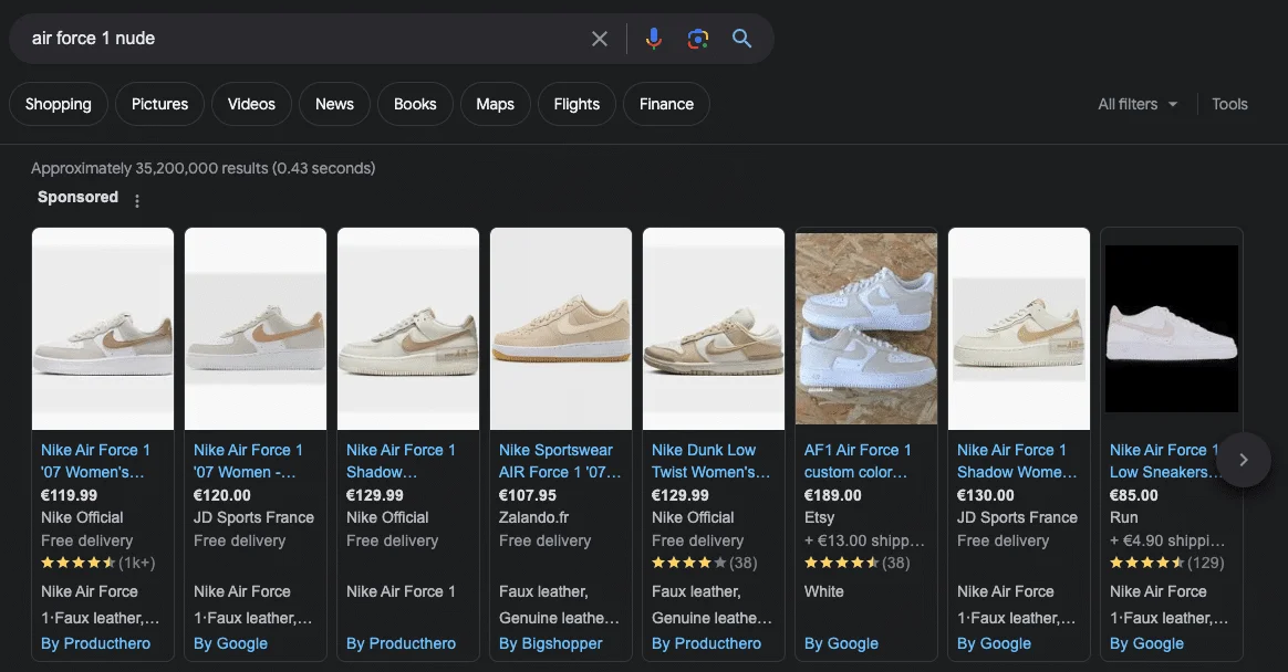Résultats de recherche Google pour Nike Air Force 1 nude avec prix et avis utilisateurs