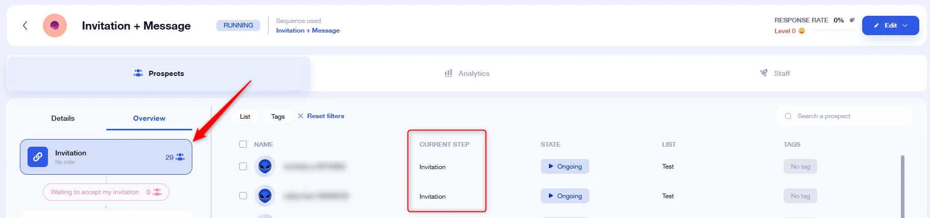 Interface d'envoi d'invitation avec flèche pointant vers le menu Invitation
