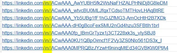 List of LinkedIn profile URLs with tracking parameters from a prospecting tool interface