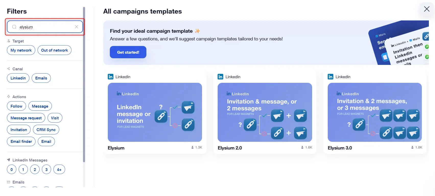 Modèles de campagnes Elyium pour LinkedIn avec filtres et options de messages