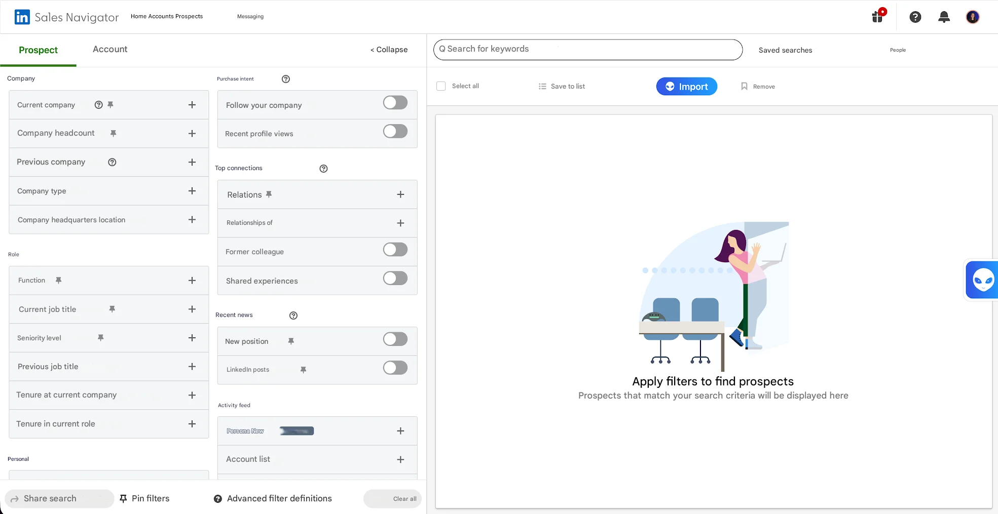 Search filters in LinkedIn Sales navigator.