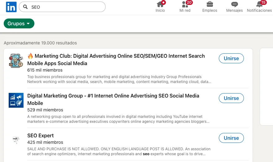 buscan "SEO" con el filtro grupo activado en linkedin