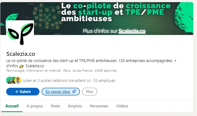 Page Facebook de Scalezia.co, plateforme d'accompagnement pour start-up et PME